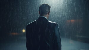 rain falling on man in suit