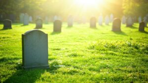Serene cemetery scene with sunlight shining